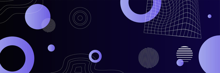 Modern blue and purple abstract wide web banner background with geometric circle shapes. Vector digital technology futuristic abstract graphic design banner pattern background template.
