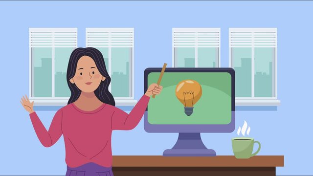 young woman teaching with desktop and bulb