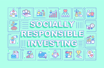 Socially responsible investing word concepts banner. Social business. Infographics with linear icons on green background. Isolated creative typography. Vector outline color illustration with text