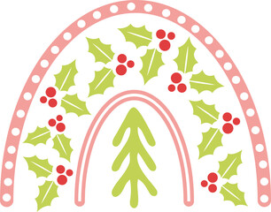 Cute Christmas rainbow vector illustration isolated on white background. Boho rainbow with Christmas tree and mistletoe perfect for t-shirts, apparel, fabric, cards, nursery decor and so on