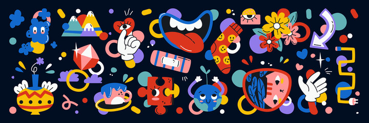 Comic shape cartoon doodles, funny faces and abstract patterns, objects and flowers. Vector mountains, food and puzzles, hearts and cute characters, eyes, clouds and socks. Diamond and socket plug