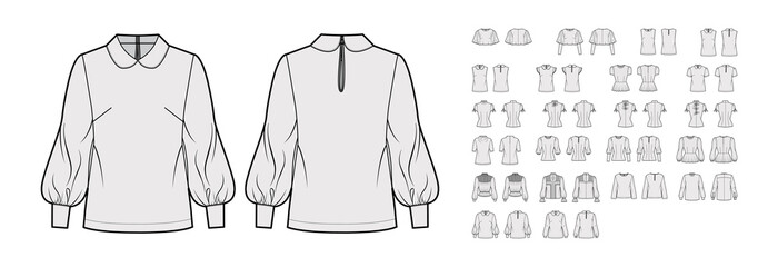 Set of blouses key-hole back closure tops, shirts, technical fashion illustration with fitted oversized body, short long sleeves. Flat apparel template front, grey color. Women, men unisex CAD mockup