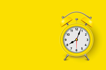 Alarm clock. 3d illustration isolated on yellow trendy background. Yellow alarm clock at one close-up. Raster illustration. 3D image.