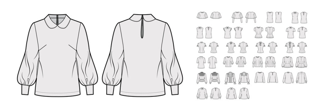 Set of blouses key-hole back closure tops, shirts, technical fashion illustration with fitted oversized body, short long sleeves. Flat apparel template front, grey color. Women, men unisex CAD mockup