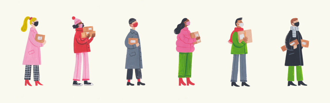 Hand drawn illustration people queuing post office