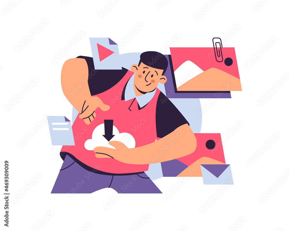 Poster Man holding cloud digital data storage in hands, data upload. Vector internet archive for electronic information, online file exchange service. Network migration, database synchronize technology