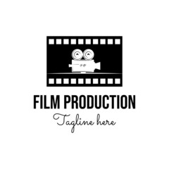 movie camera and film strip logo design template. Black and white vector illustration.