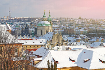 View of winters snowy Prague City, Czech Republic. Christmas time in Prague.