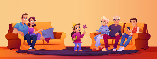 Big family sitting on couch and spending time together. Vector happy couple, parents and grandparents, children girl kid and teenager boy sit on sofa and spend evening on communication with each other