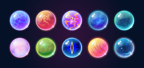 Cartoon fortunetellers, glass balls magic crystals isolated paranormal magical objects set. Vector multicolor glass spheres, fragile balloons of sorcerers fortune-tellers, esoteric mystery souvenirs
