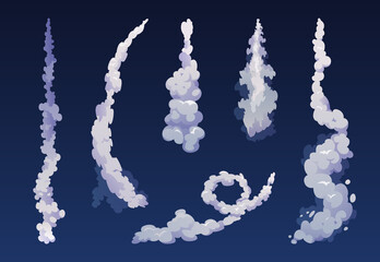 Rocket trail of smoke isolated on blue. Vector plane jets track and aircraft aviation steam in dark sky. Realistic spacecraft startup launch elements. Jet firing flames, airplane shuttle contrails © Sensvector