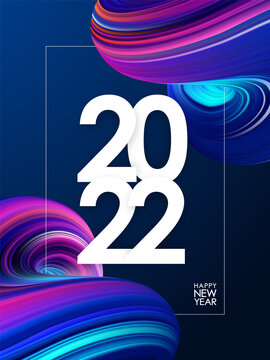 Happy New Year 2021. Greeting poster with 3D Neon colored abstract twisted fluide shape. Trendy design