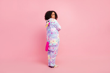 Back rear view full body photo of african girl dislike bedtime depressed isolated over pink color background