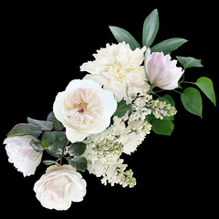 White flowers isolated on black background. Floral arrangement, bouquet of roses, tulips and lilac....