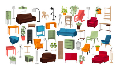 Collection of interior objects for the design of premises. Furniture, house plants, lamps.