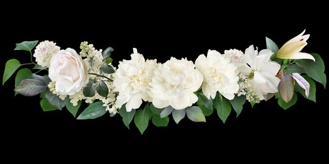 White flowers isolated on black background. Floral arrangement, bouquet of roses, peonies and lilac. Can be used for invitations, greeting, wedding card.