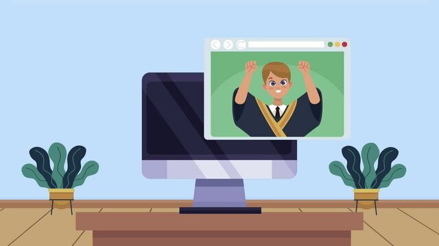 boy graduate in webpage with desktop online graduation