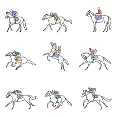 Jockeys dressed in multicolored jackets and caps are riding horses, with multicolored pads under the saddle