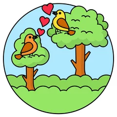 Fotobehang Birds on tree Concept, Parrot on Branch on Grassland Vector Icon Design, Nature Love Symbol, Artistic landforms Scenes Sign, Heart in nature Stock illustration, Beautiful Landscape View in Circular © shmai