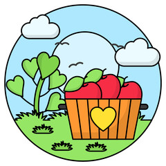 Fruit Farm Concept, Fruits in Bucket with sky and clouds Vector Icon Design, Nature Love Symbol, Artistic landforms Scene Sign, Heart in nature Stock illustration, Beautiful Landscape View in Circular