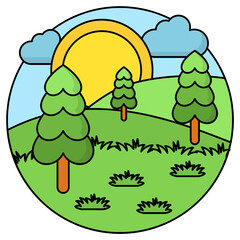Fototapeta premium Big Sun Rising in safari park Concept, Tree, Sky and Clouds Vector Icon Design, Nature Love Symbol, Artistic landforms Scenes Sign, Heart in nature Stock illustration, Beautiful Landscape View in 