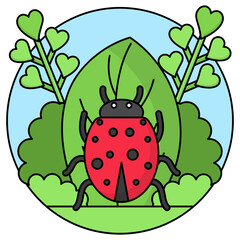 ladybugs spotted in Grassy field Concept, Ladybird on the Leaf Vector Icon Design, Nature Love Symbol, Artistic landforms Scene Sign, Heart in nature Stock, Beautiful Landscape View Circular shape