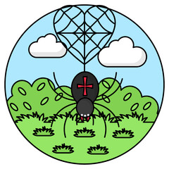 Spider making web heart shaped Concept, Fields with clouds and sky Vector Icon Design,Nature Love Symbol, Artistic landforms Scenes Sign, Heart in nature Stock illustration, Beautiful Landscape View