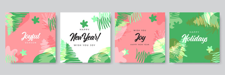 Merry Christmas greeting cards. Trendy square Winter Holidays art templates. New year greeting cards. Suitable for social media post, mobile apps, banner design and web, internet ads.