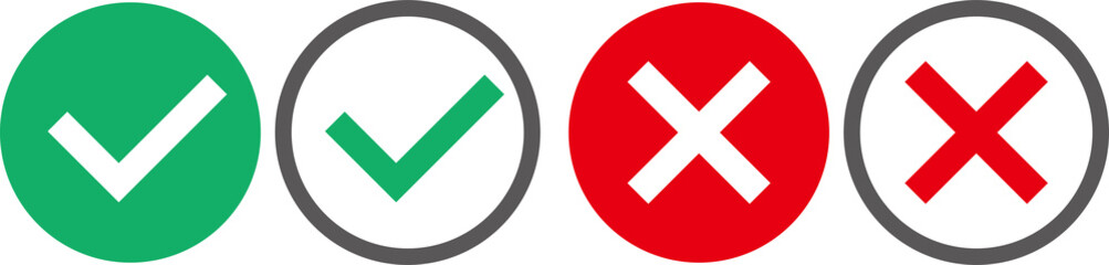 チェックマークとバツマークのアイコンセット。緑と赤のベクタイメージ。