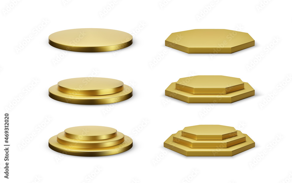 Poster set of round and hexagonal gold podium platform. empty stage with different levels