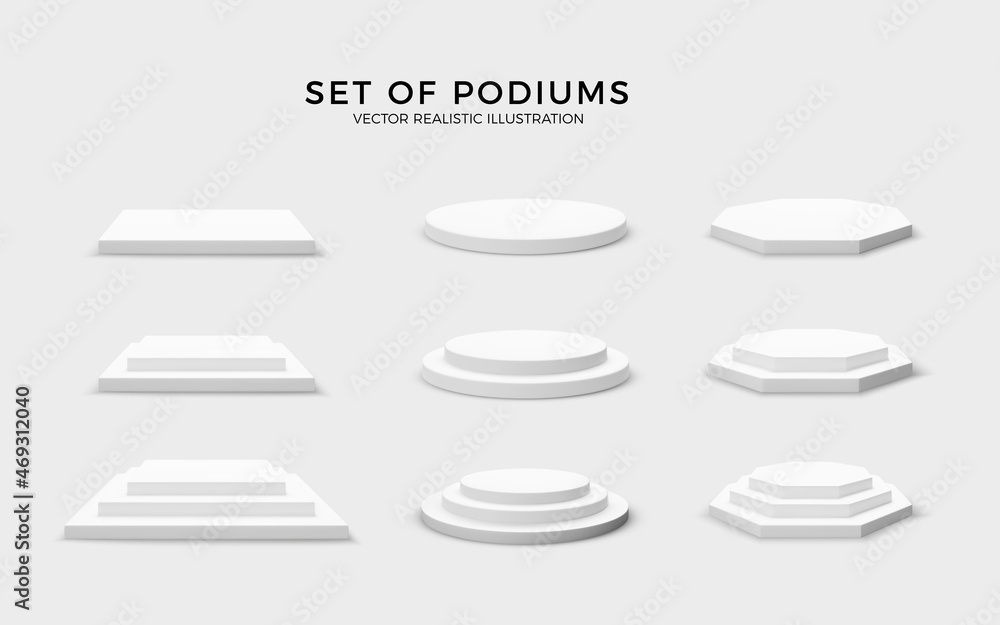 Poster round hexagonal and square stage collection. set of empty podiums isolated on white background