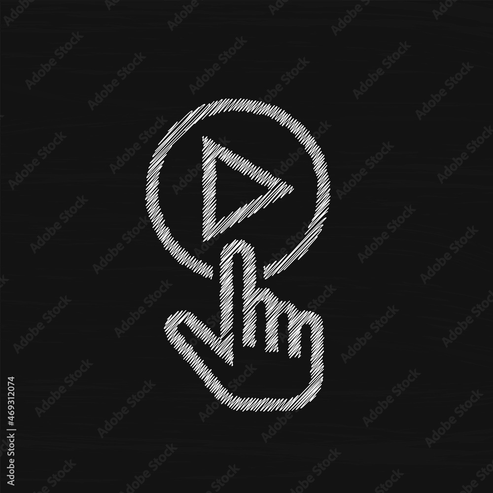 Poster finger pressing play button vector icon in sketch style
