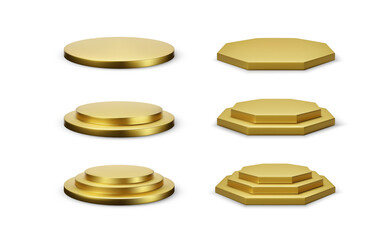 Set of round and hexagonal gold podium platform. Empty stage with different levels