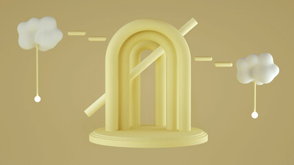 Abstract background with geometric forms and podiums in pastel color for product presentation. Podium and arch to show cosmetic products