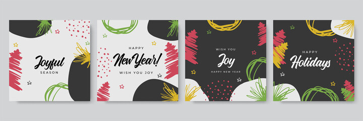 Merry Christmas greeting cards. Trendy abstract square Winter Holidays art templates. New year season greeting cards. Suitable for social media post, mobile apps, banner design and web/internet ads.