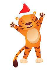 Character of cute baby tiger in Santa hat isolated on white background. Vector tiger cub in flat style, christmas 2022