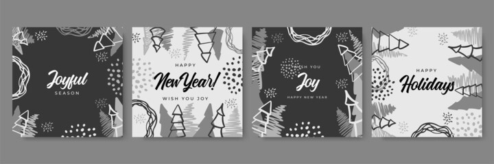 Merry Christmas greeting cards. Trendy abstract square Winter Holidays art templates. New year season greeting cards. Suitable for social media post, mobile apps, banner design and web/internet ads.