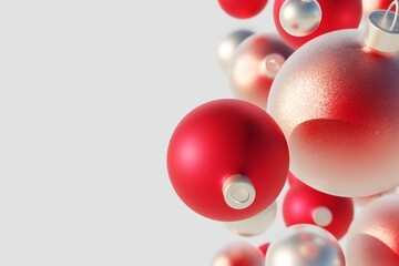 New year flying metall balls with glitter. Christmas red tree toys on white background 3d illustration