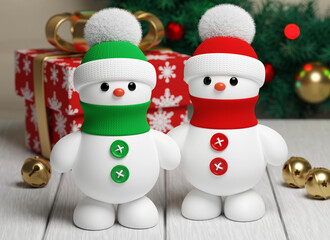 Christmas background with snowmen and gift box. 3d render