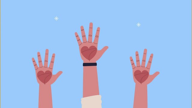 human rights awareness animation with hearts in hands