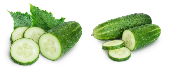 Sliced cucumber isolated on white background with clipping path and full depth of field, Set or collection
