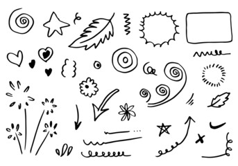 Hand drawn set elements, black on white background. Arrow, heart, love, star, leaf, sun, light, flower,Swishes, swoops, emphasis ,swirl, heart, for concept design.
