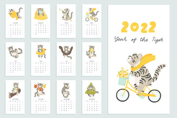 Vertical calendar 2022 with cute tigers. The year of the tiger according to the Chinese calendar. Cover and 12 pages with seasonal illustrations. Week starts on Sunday. Template eps