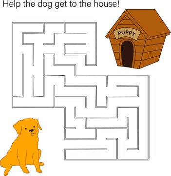 Maze game with dog. Cartoon labyrinth education puzzle. Find path for dog to house. Vector kids activity worksheet.