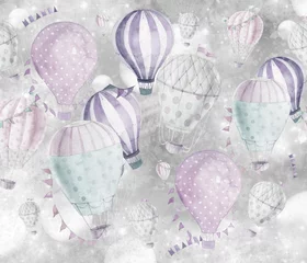   lots of delicate hand-drawn balloons with colorful flags in the sky © Екатерина Фефелова