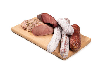 Various of meat, smoked meat, sausage, salami isolated on a white.