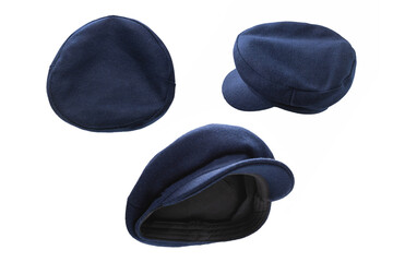 Female blue hat with a visor isolated on white.