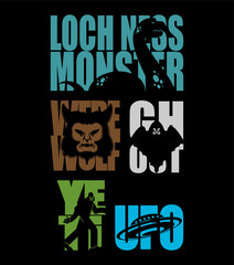 Paranormal Lettering. Werewolf and zombies Typography. UFO and Yeti letters. Loch Ness monster and ghost Silhouette of in text