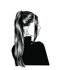 Stylish high ponytail illustration. Sleek hair with trendy curly Ends 