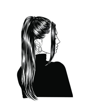 Stylish High Ponytail Illustration. Sleek Hair With Trendy Curly Ends 